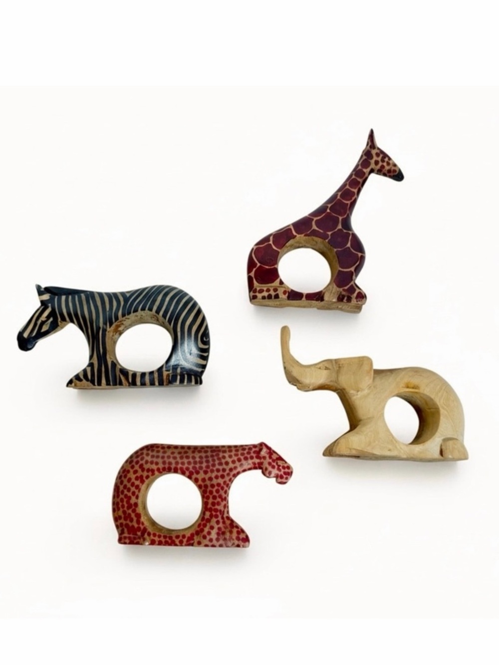 Handmade Safari Animal Napkin Rings Set 4 Wood Lion Elephant Giraffe Zebra Kenya